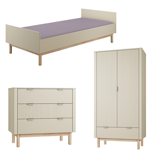 Pack Trio chambre enfant Miloo champagne avec lit 90x200 + commode 3 tiroirs + armoire 2 portes