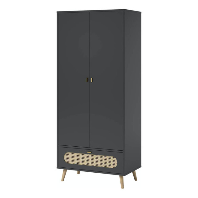 Armoire Canne Vox noir et cannage rotin, bois massif, 2 portes 1 tiroir, style contemporain. Disponible chez Jurassien.