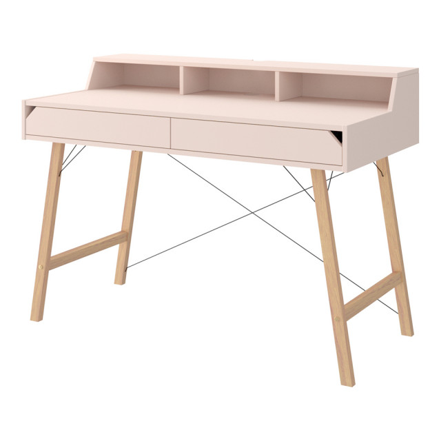 Bureau rose avec étagères pour chambre d'enfant Lotta de Bellamy, fabriqué en bois massif et MDF, avec deux tiroirs spacieux, design scandinave, idéal pour optimiser l'espace de travail.