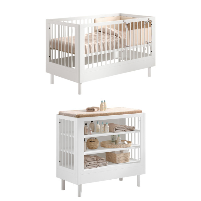 Pack mobilier bébé blanc Forrest en bois massif, lit 70x140 et meuble à langer, par Jaxx - Disponible chez Jurassien.