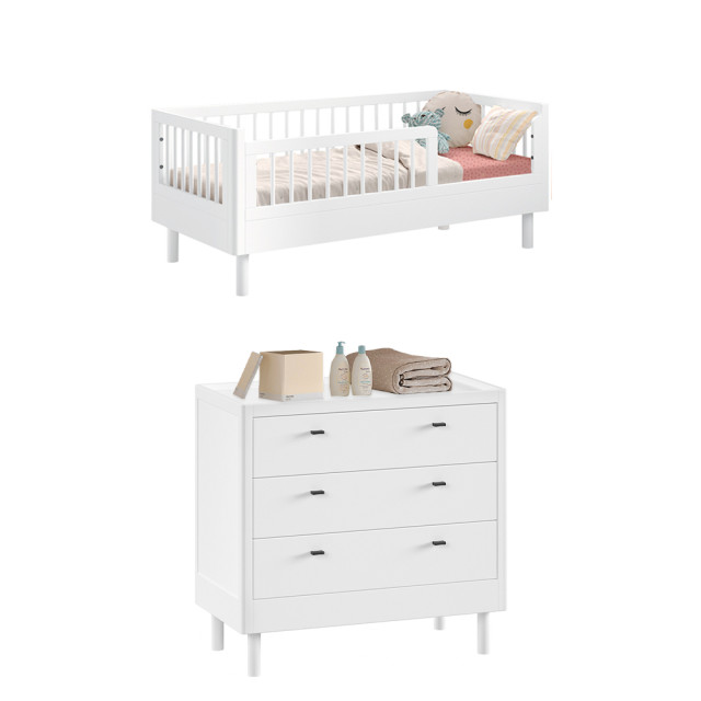 Pack lit de transition et commode Forrest blanc en bois massif pour tout-petit 2 à 5 ans, par Jaxx chez le Jurassien.