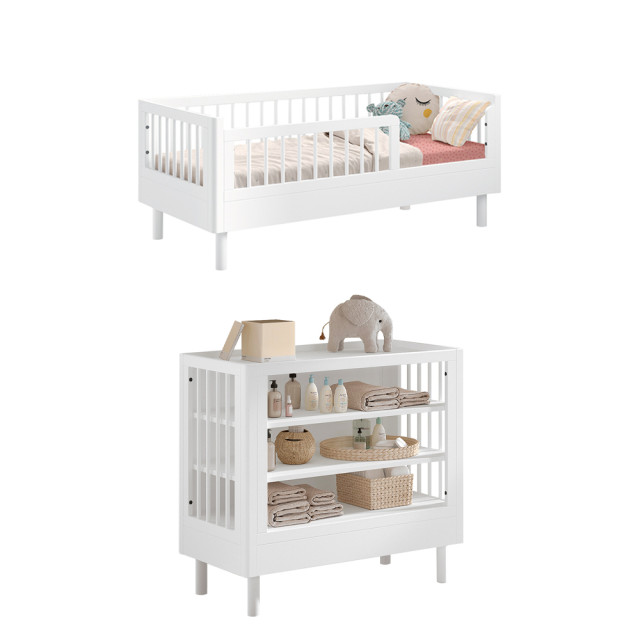 Chambre pour tout tout-petit (2 à 5 ans) Forrest blanche en bois massif avec lit de transition et meuble de rangement – disponible chez Jurassien, marque Jaxx.