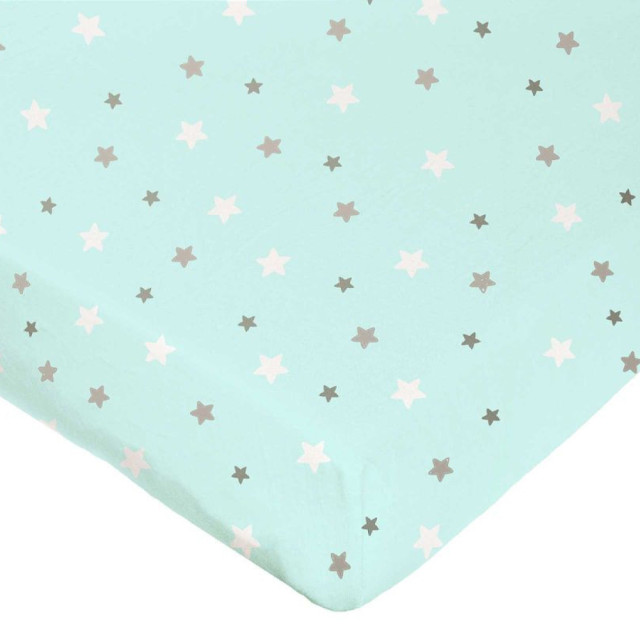 Drap-housse lit bébé imprimé 70x140 aqua étoiles, coton Oeko-Tex. Confort Jurassien, marque Domiva.