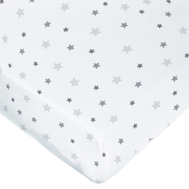 Drap-housse lit bébé 70x140 blanc étoiles en coton jersey Oeko-Tex, marque Domiva, disponible chez le Jurassien