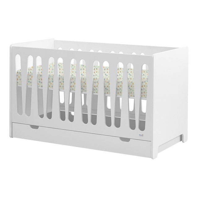 Lit bébé évolutif Moon Pinio 70x140 blanc, avec options de tiroir, fabriqué en MDF et bois de hêtre.