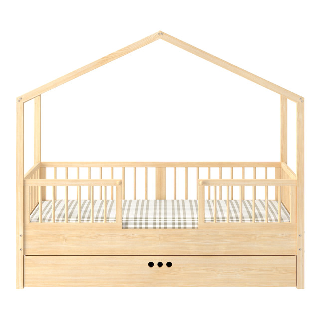 Lit cabane avec tiroir et barrières Dream Nest 80x160 naturel évolutif en bois massif pour enfant - Bellamy