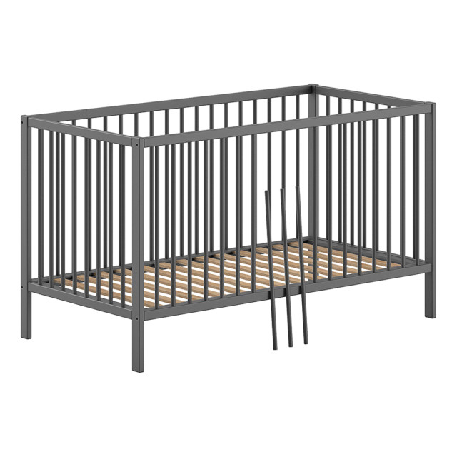 Lit évolutif bébé 70x140 anthracite, avec trois barreaux amovibles, marque Jaxx, disponible chez Le Jurassien.