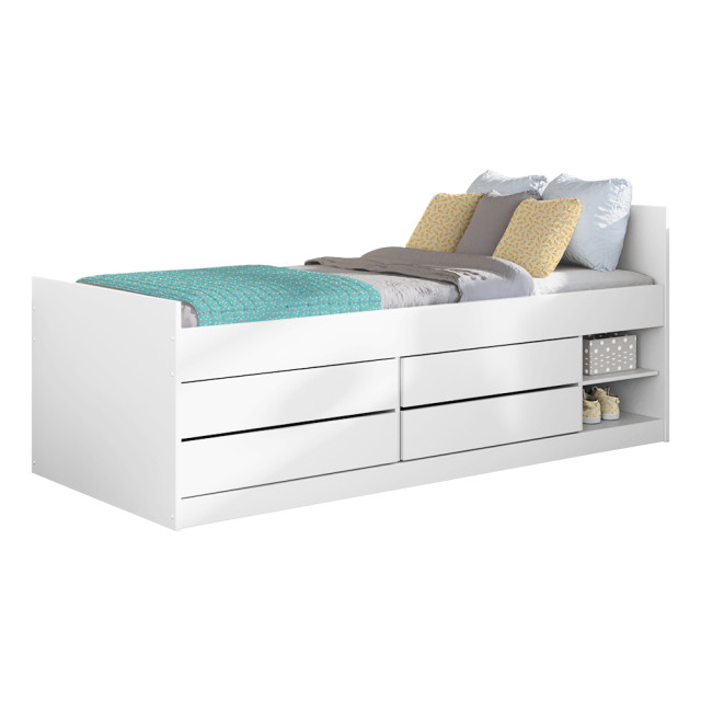 Lit gain place avec espaces rangements 90x200 Leon de Kocot Kids en blanc, idéal pour enfant ou adolescent, avec sommier et matelas inclus.