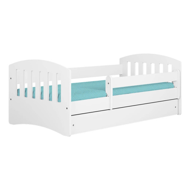 Lit pour petits 80x160 avec barrière de lit et espace de rangement sous-lit Classic blanc, idéal pour la sécurité et l'organisation de la chambre d'enfant.