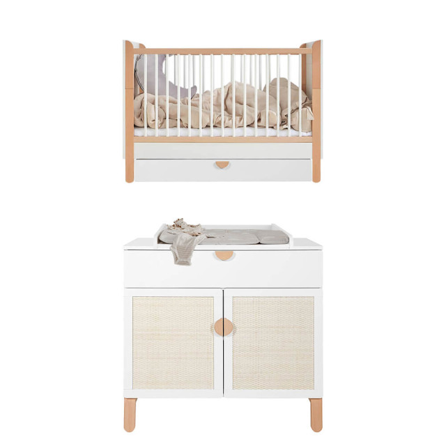 Pack DUO chambre bébé évolutive avec cannage en rotin blanche et bois Ratata