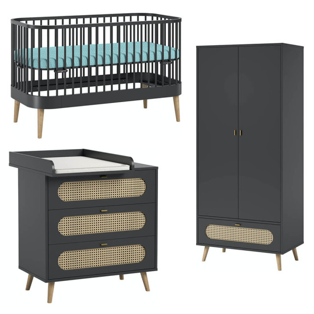 Pack TRIO chambre bébé noir bois Canne avec lit bébé Paris, style moderne, marque Vox, en vente chez Jurassien.