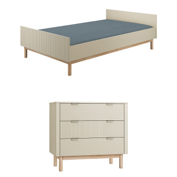 Pack Duo chambre enfant Miloo champagne avec lit 120x200 + commode 3 tiroirs