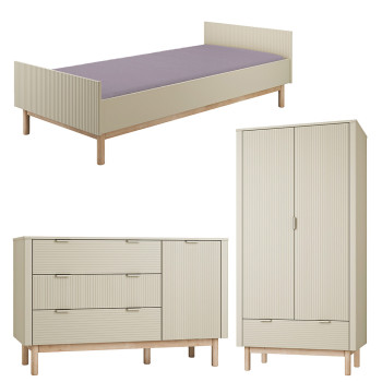 Pack Trio chambre enfant Miloo champagne avec lit 90x200 + grande commode + armoire 2 portes