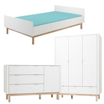 Pack Trio chambre enfant Miloo blanc avec lit 120x200 + grande commode + armoire 3 portes