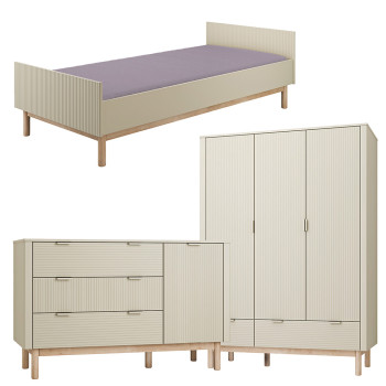 Pack Trio chambre enfant Miloo champagne avec lit 90x200 + grande commode + armoire 3 portes