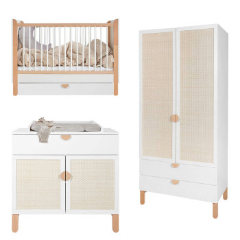 Chambre bébé complète évolutive avec cannage en rotin blanche et bois Ratata