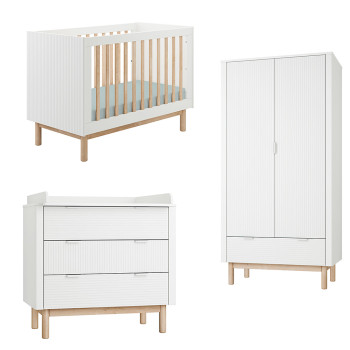 Pack Trio chambre bébé Miloo blanche avec lit bébé 60x120 + commode à langer + armoire 2 portes