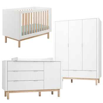 Pack Trio chambre bébé Miloo blanche avec lit bébé 60x120 + grande commode à langer + armoire 3 portes