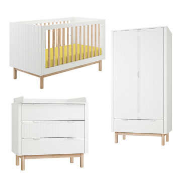 Pack Trio chambre bébé Miloo blanche avec lit bébé 70x140 + commode à langer + armoire 2 portes