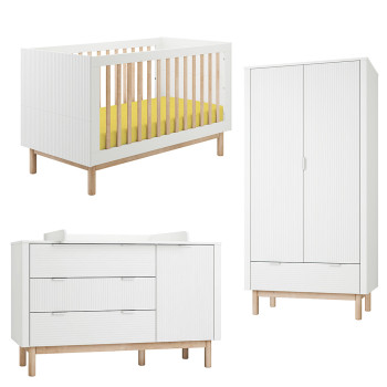 Pack Trio chambre bébé Miloo blanche avec lit bébé 70x140 + grande commode à langer + armoire 2 portes