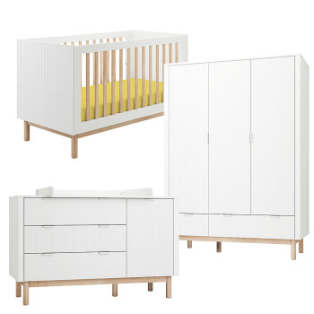 Pack Trio chambre bébé Miloo blanche avec lit bébé 70x140 + grande commode à langer + armoire 3 portes