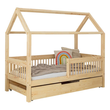 Lit cabane avec barrière et tiroir en pin Adeko MBW pour matelas 90