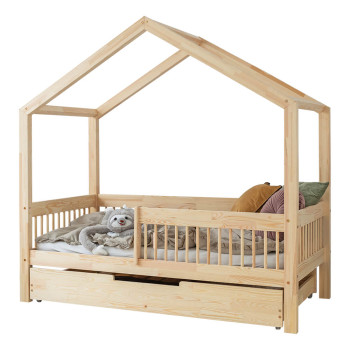 Lit cabane en bois avec barrière et tiroir Adeko RMW pour matelas 90