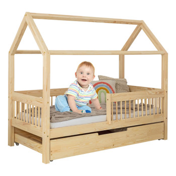 Lit cabane enfant avec barrière et tiroir Adeko MBW pour matelas bébé 70x140