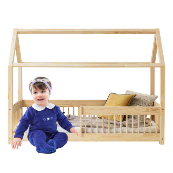 Lit cabane enfant en pin massif avec barrière Adeko MBW 70x140