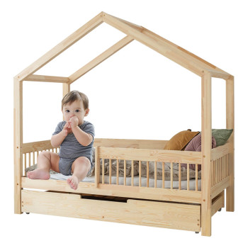 Lit cabane enfant sécurisé avec barrière et rangement tiroir Adeko RMW 70x140