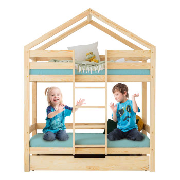 Lit superposé enfant cabane avec tiroir rangement et lit gigogne Adeko DMPN pour matelas 80