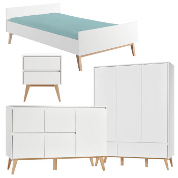 Pack lit 120x200 + chevet + large commode + armoire 3 portes Swing blanc pour ado