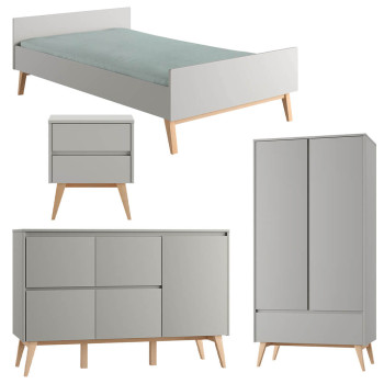 Pack lit 120x200 + chevet + large commode + armoire 2 portes Swing gris