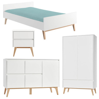 Pack lit 120x200 + chevet + large commode + armoire 2 portes Swing blanc pour ado