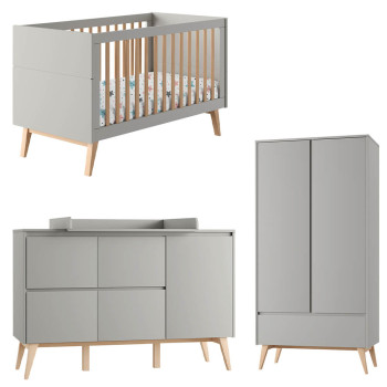 Pack lit bébé 70x140 + large commode à langer + armoire 2P Swing gris