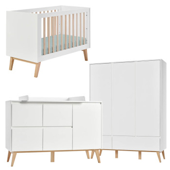 Pack lit bébé 60x120 + large commode à langer + armoire 3P Swing blanc