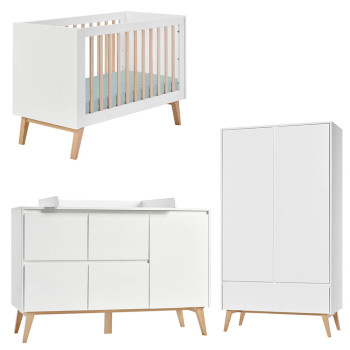 Pack lit bébé 60x120 + large commode à langer + armoire 2P Swing blanc