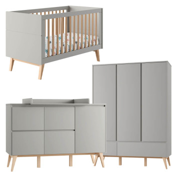 Pack lit bébé 70x140 + large commode à langer + armoire 3P Swing gris