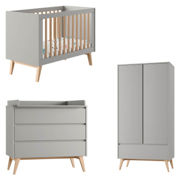 Pack lit bébé 60x120 + commode à langer + armoire 2P Swing gris