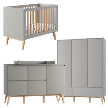 Pack lit bébé 60x120 + large commode à langer + armoire 3P Swing gris