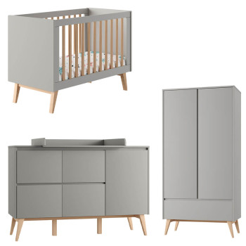 Pack lit bébé 60x120 + large commode à langer + armoire 2P Swing gris