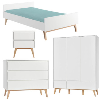 Pack lit 120x200 + chevet + commode + armoire 3 portes Swing blanc pour ado