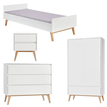 Pack lit 90x200 + chevet + commode + armoire 2 portes Swing blanc