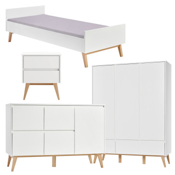 Pack lit 90x200 + chevet + large commode + armoire 3 portes Swing blanc