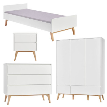 Pack lit 90x200 + chevet + commode + armoire 3 portes Swing blanc