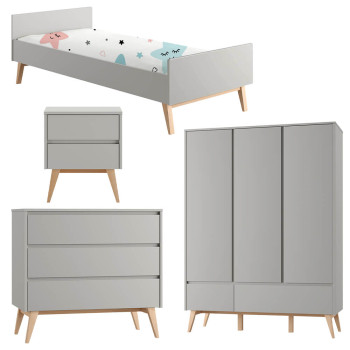 Pack lit 90x200 + chevet + commode + armoire 3 portes Swing gris