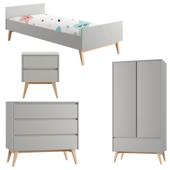 Pack lit 90x200 + chevet + commode + armoire 2 portes Swing gris