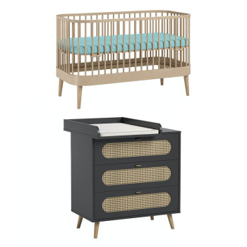 Pack DUO chambre bébé Canne noir avec lit bébé Paris en bois