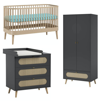 Pack TRIO chambre bébé Canne noir avec lit bébé Paris en bois