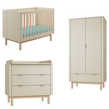 Pack Trio chambre bébé Miloo champagne avec lit bébé 60x120 + commode à langer + armoire 2 portes